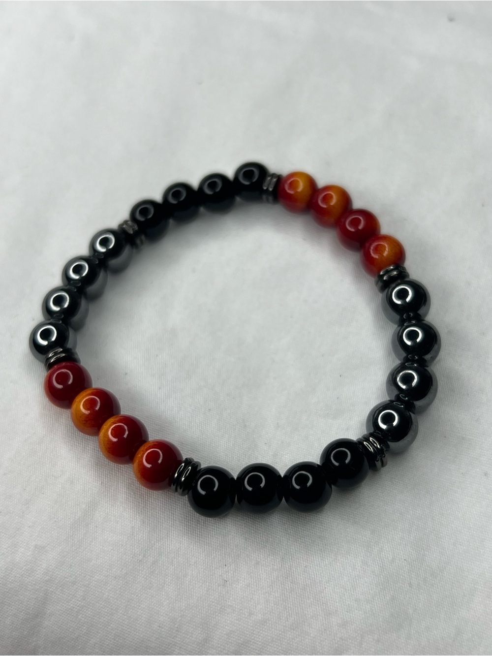 Black zinc and Red-Orange tiger eyes Beaded Stretch Bracelet